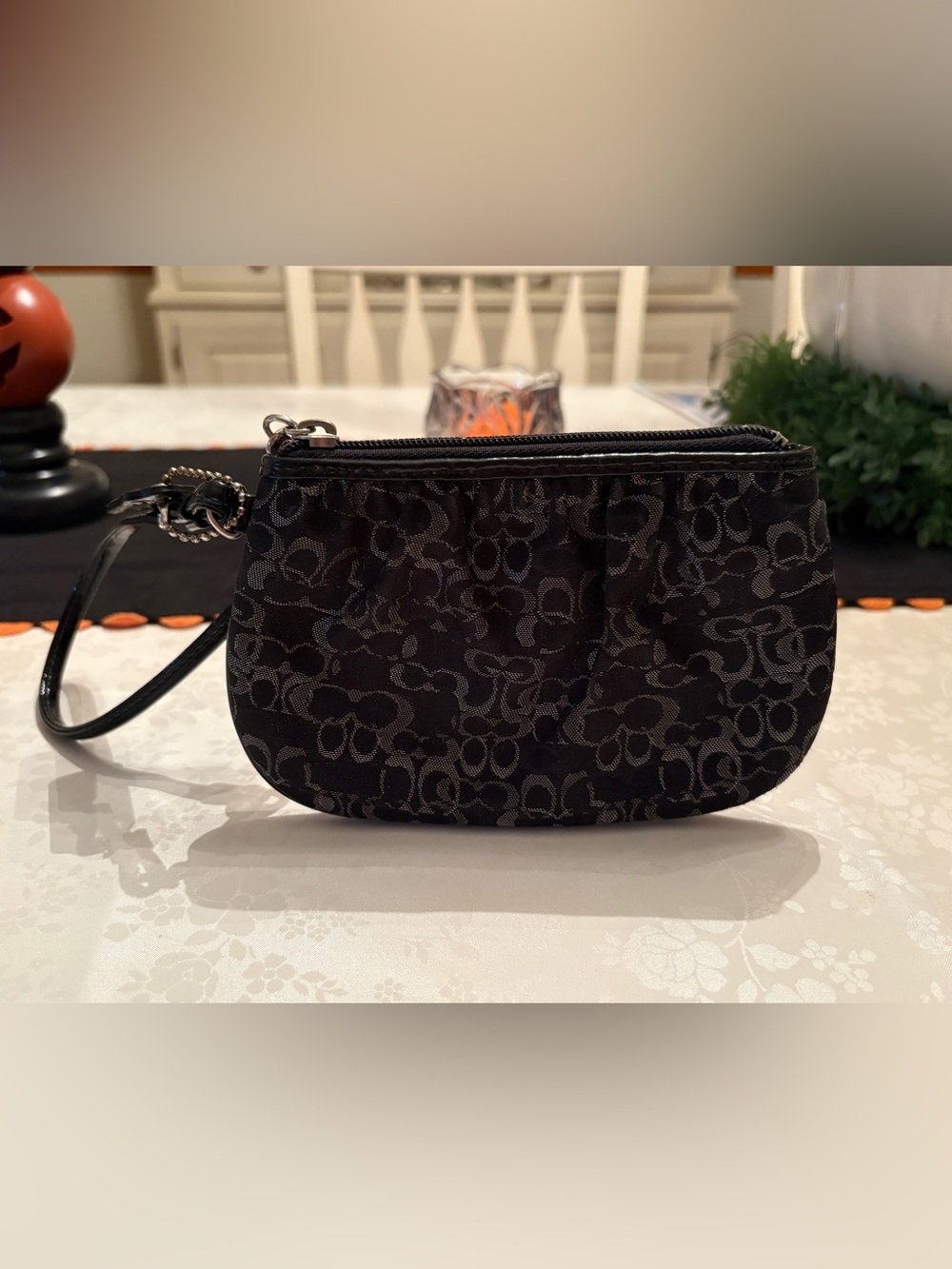 Coach Black & Silver Metallic Signature Wristlet Pouch